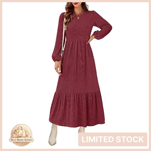 Knit Maxi Dress Long Sleeve Tiered Flowy Pockets Casual Fall Winter Elegant